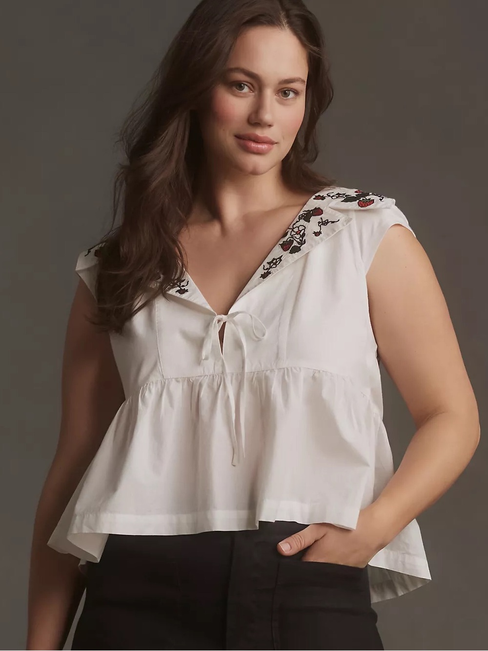 Maeve Anthropologie White Embroidered Strawberries Vines Peplum Tie-Front Top XL